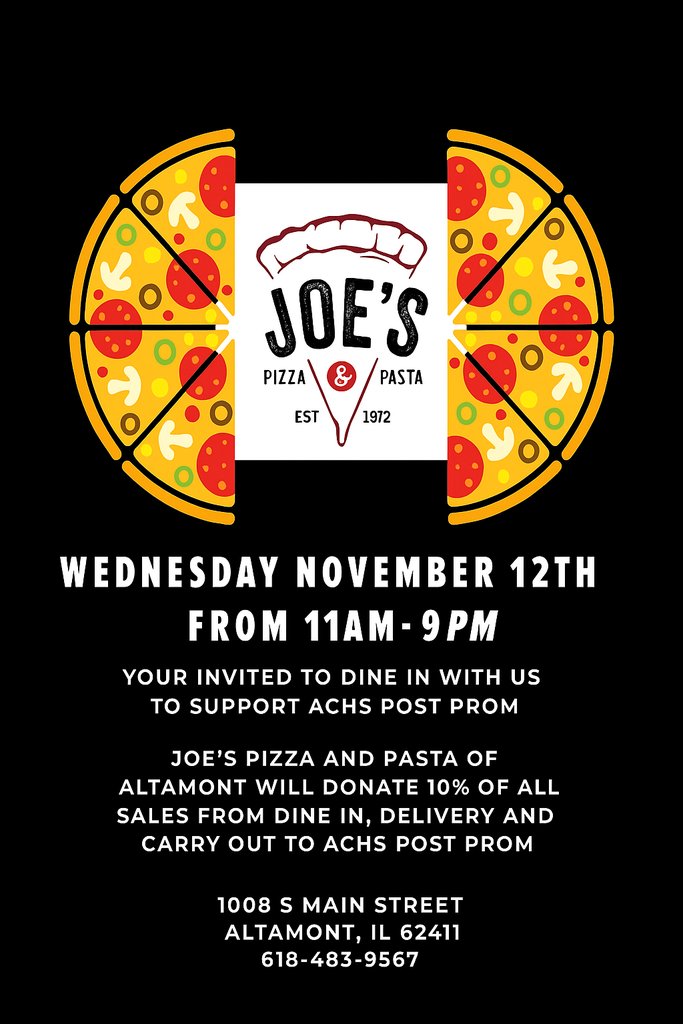 Unit10Tweets's tweet image. Come out to Joe's Pizza today from 11:00 AM-9:00 PM  and support the ACHS Post Prom!