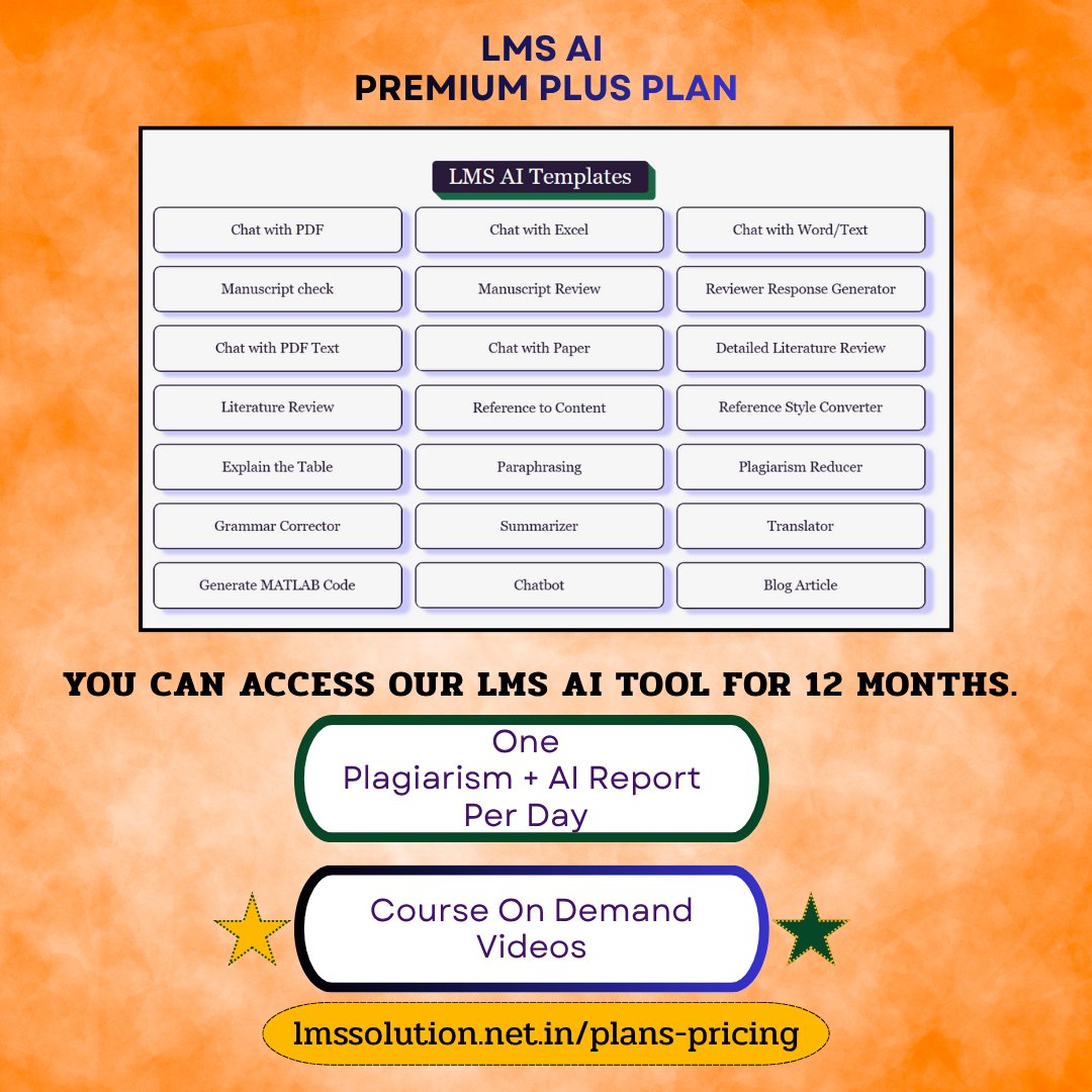 Lms_Solution's tweet image. 🌟 LMS AI Premium Plus Plan – 12-Month Access!
🔗 zurl.co/eEg2s

🧠 1 Plagiarism + AI Report daily
🎓 Course On Demand Videos
📚 Access all LMS AI Templates
⚡ Chat with PDF | Word | Excel | Paper 

#LMSsolution #AIAssistant #ResearchSupport #AcademicWriting