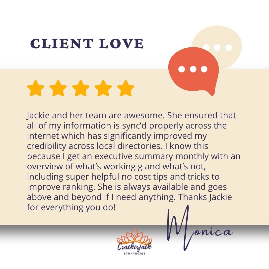 CrackerjackStr's tweet image. We love happy high-fives from your customers!✋

Did you know? Responding to reviews is a simple way to boost your local SEO. ✨ Have questions? Let&apos;s connect for a consultation.

#CrackerjackStrategies #DigitalMarketing #SmallBusinessSupport #ReviewManagement #OrganicGrowth