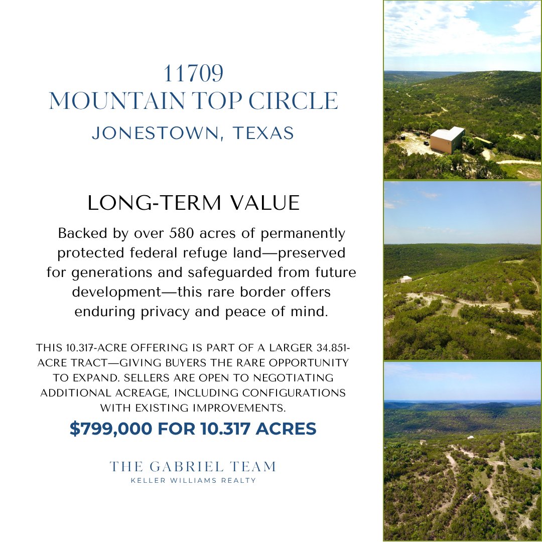 Looking for room to breathe — and a view that’ll never be bulldozed by “progress”?  10.317 acres beside 580+ acres of forever-protected Texas Hill Country.
📍11709 Mountain Top Circle, Jonestown TX
💲$799,000
gabrielteam.com/11709-mountain…
#TexasHillCountry #JonestownTX #LakeTravis
