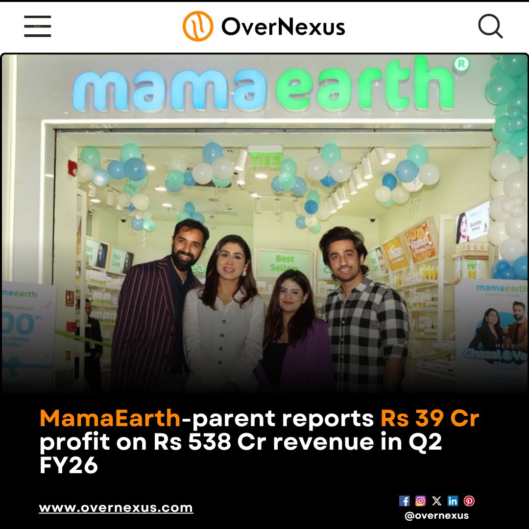 overnexusbiz's tweet image. Honasa Consumer Limited, parent of MamaEarth, reported a 16.5% growth in Q2 FY26, with a profit of Rs 39 crore. Revenue rose to Rs 538 crore. Operating costs increased, but overall expenditure remained stable. Profit surged to Rs 80.5 crore in H1 FY26.

#OverNexus #MamaEarth