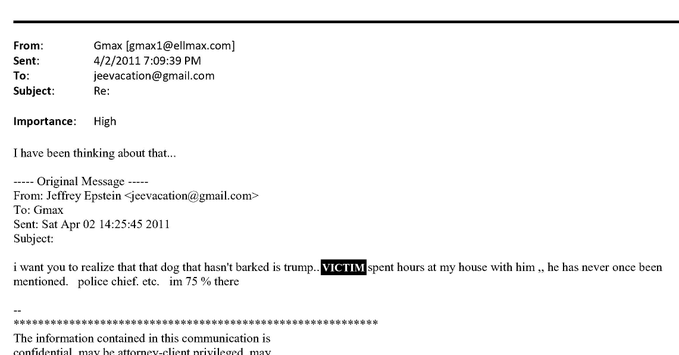 Screenshot of an email from Jeffrey Epstein dated February 24 2011 with subject Re and high importance marked containing text stating I want you to understand that the dog that did not bark is Trump the victim spent hours at my house with him he never once flirted with her or anything including sender and recipient details partially redacted.