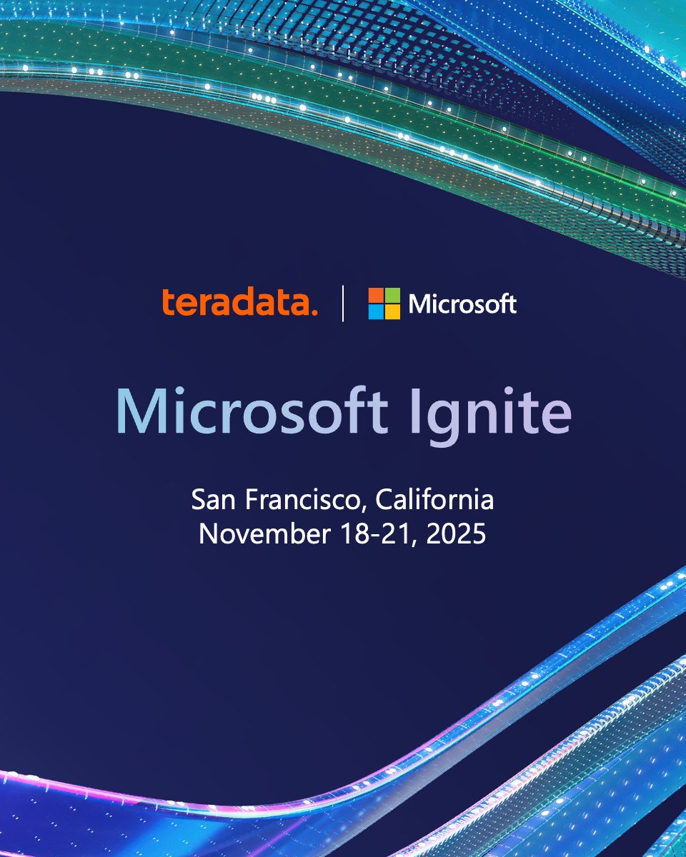 Teradata's tweet image. We’re just one week away from connecting with you at Microsoft Ignite! 
 
Stop by Booth #5341 or explore our digital showcase to see how @Teradata and @Microsoft can help you drive measurable outcomes and ROI at scale. 

#Teradata #MSIgnite #Azure #AI #DataInnovation