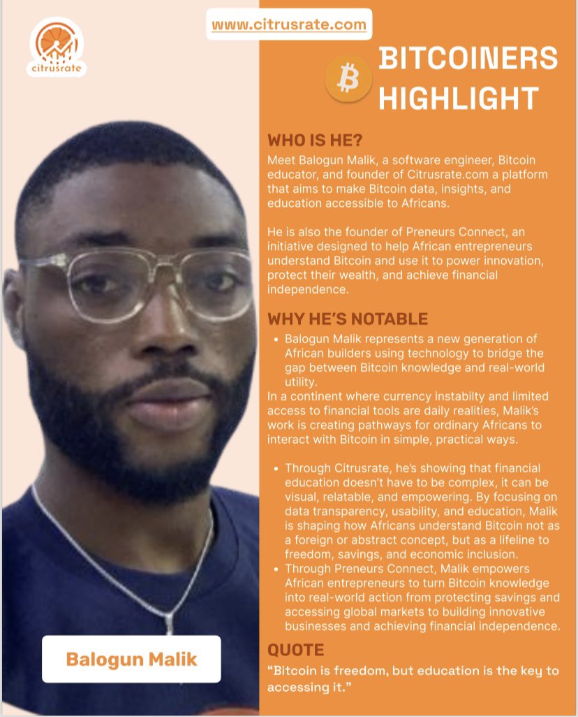 Wednesday African Bitcoiner Star ⭐️ 

Today, we shine the spotlight on our Founder <a href="/malkrite/">Make Money On Couch⚡🦀</a> the visionary behind  <a href="/citrusrate/">Citrusrate</a> and <a href="/PreneursConnect/">ThePreneursConnect</a> through innovation, education, and community, he is  bridging the gap between entrepreneurship and Bitcoin adoption across Africa