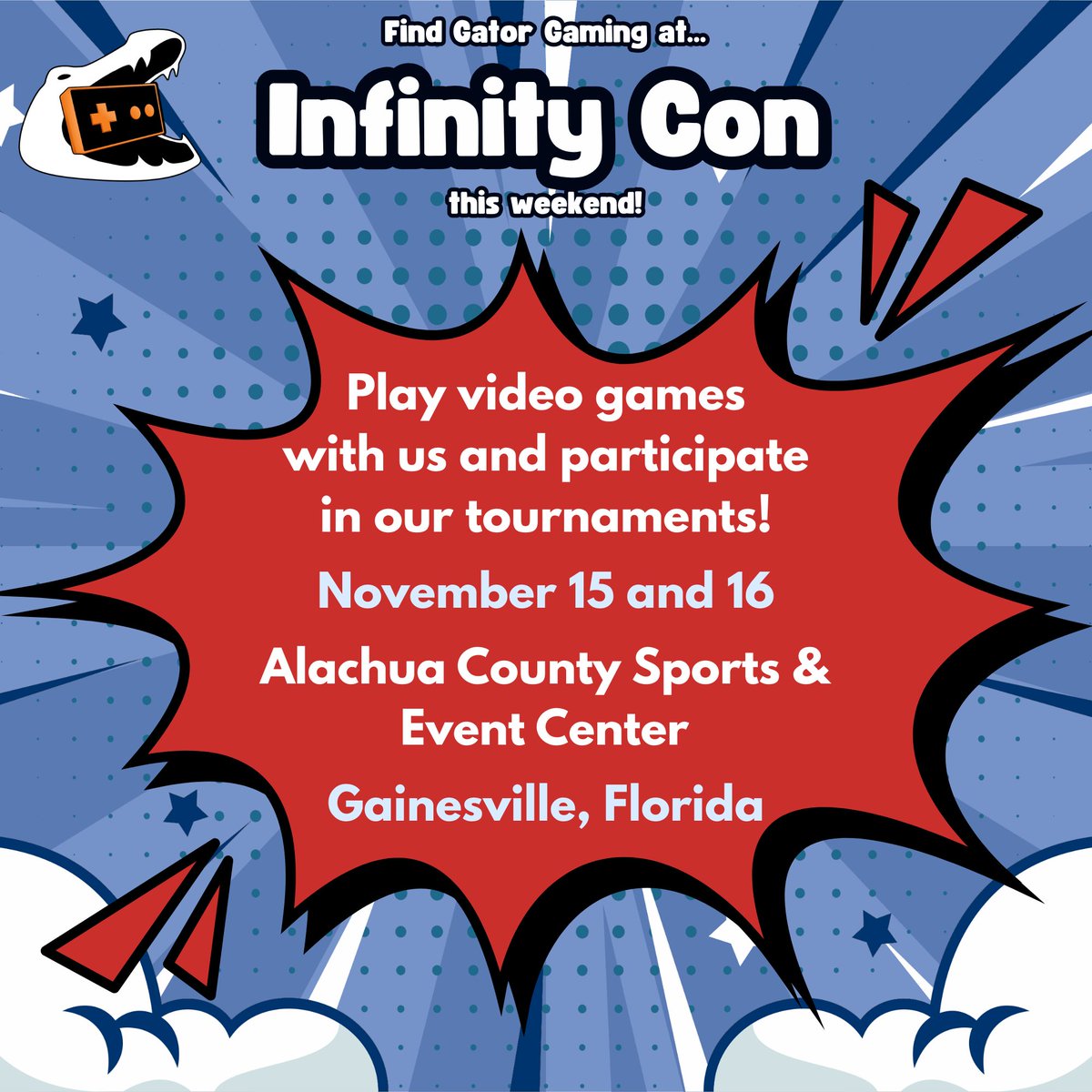 Find Gator Gaming at Infinity Con!

We'll be providing several gaming setups so you can play games while there!

Plus, we're also hosting a few tournaments ― use the link below to see the schedule of tournaments and sign up!

start.gg/tournament/inf…

So stop by and say hi!
