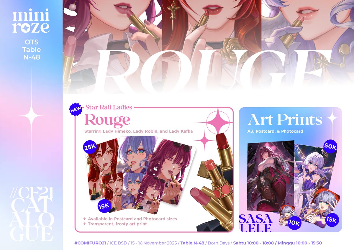 minirozelque's tweet photo. [🔁+ ❤️appreciated!]
mini roze's #CF21 OTS catalogue

✦ N-48 mini roze by rozelque
✦ both days
✦ 🛒OTS
✦ #HonkaiStarRail, #GenshinImpact

see you there!! 🌸

#comifuro21 #cf21catalogue #comifuro21catalogue https://t.co/BJ5Wk9JbX3