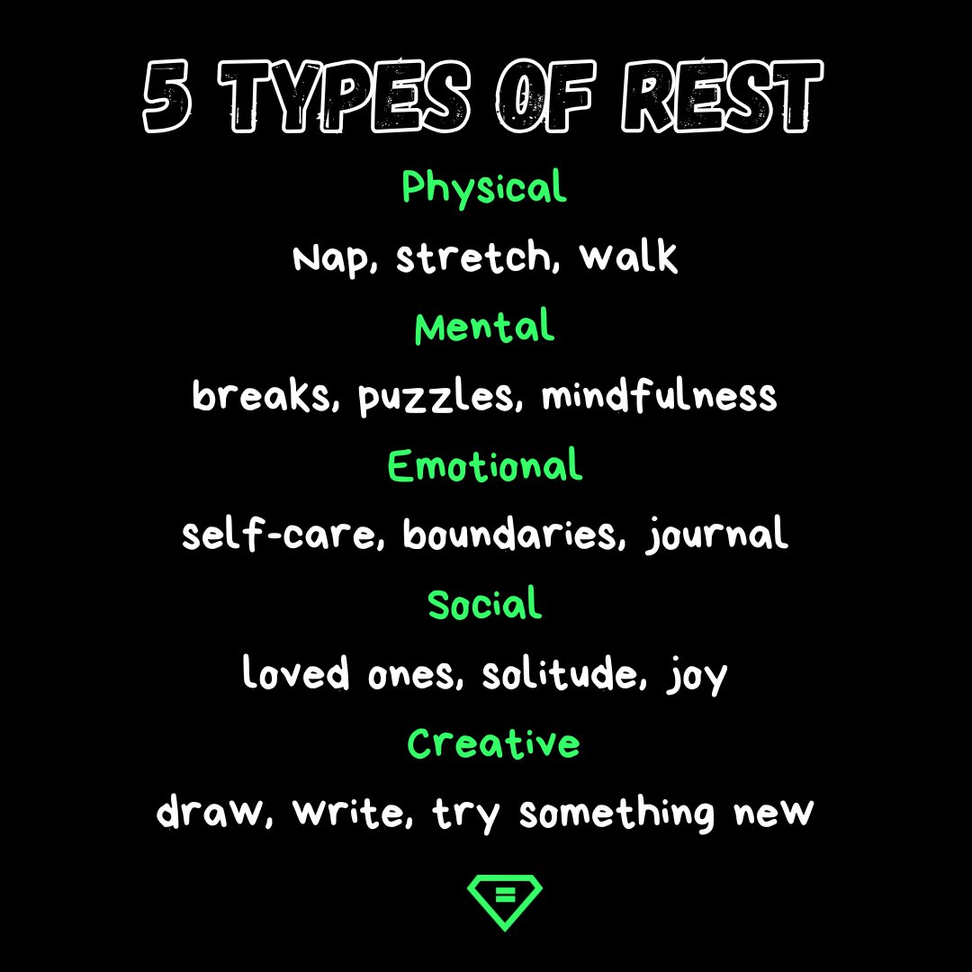 equalman's tweet image. Physical rest heals the body. Emotional rest soothes the heart. Mental rest clears the mind. Creative rest sparks inspiration. Social rest restores balance. Which one do you need most right now?

#SelfHelp #Equalman #Rest #Balance