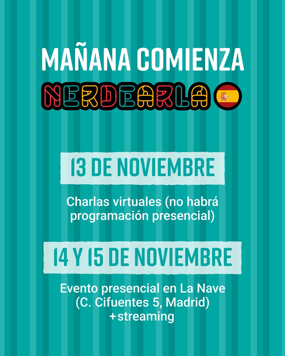nerdearla's tweet image. 🚀 ¡Falta solo 1️⃣ día para #Nerdearla España!

Ya puedes ingresar a la plataforma virtual del evento 👉 nerdear.live

Crea tu perfil, explora la agenda y marca tus charlas favoritas.

A partir de mañana podrás disfrutar de más de 100 charlas y talleres sobre…