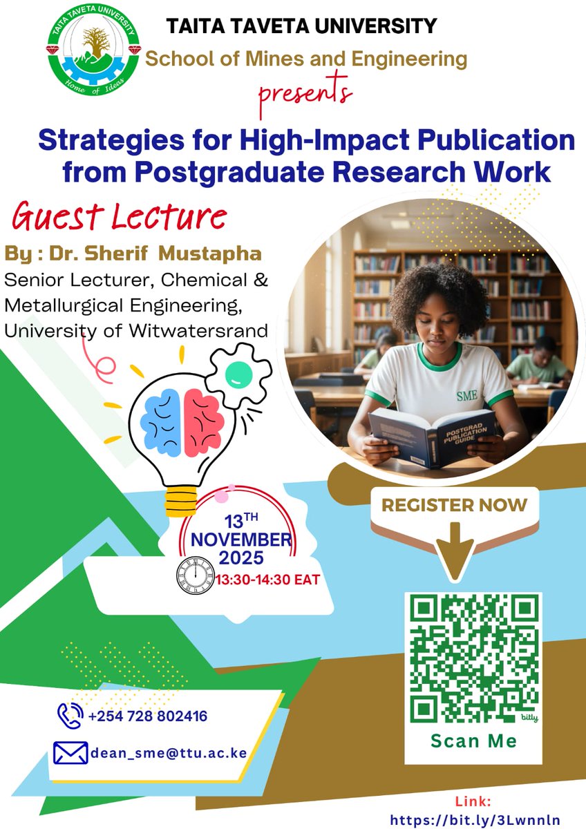 Calling all postgrads &amp; researchers!  
Join Dr. Sherif Mustapha (Un. of Witwatersrand) for a powerful session on high-impact publication strategies
🗓️ 13th Nov 2025
🕒 13:30–14:30 EAT
🔗 bit.ly/3Lwnnln  
<a href="/hopadero/">Nashon J. Adero</a> <a href="/ImpactBorderle1/">Impact Borderless Digital</a> <a href="/TTUProjects/">TTU Projects</a> <a href="/TaitaTavetaUni/">Taita Taveta University</a> <a href="/Benalunda/">Benvalet</a>