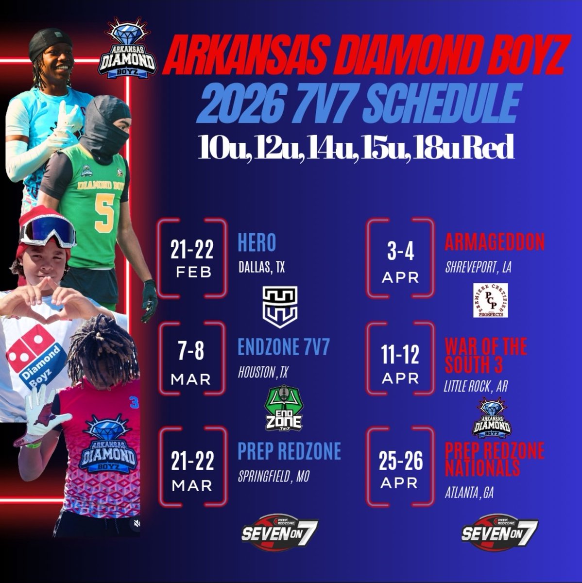<a href="/Diamondboyz7v7/">ArkDiamondBoyz7v7</a> National 18u schedule and 10u-18u Red schedule. DM if you want to be apart of our BIGGEST season yet! <a href="/PrepRedzoneAR/">Prep Redzone Arkansas</a> <a href="/herofball/">Hero Football</a> <a href="/Endzone7v7/">Endzone7v7</a> <a href="/RedZone7v7Elite/">RedZoneEliteFB</a>