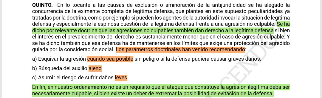 Interesante stc de la A.P de Madrid  n°333/2024:

👮🏻¿Puede un policía o persona que es agredida, ejercer la legítima defensa frente a un agresor NO CULPABLE, esto es, contra un atacante que es inimputable porque tiene sus capacidades de comprensión anuladas (véase esquizofrenia)?