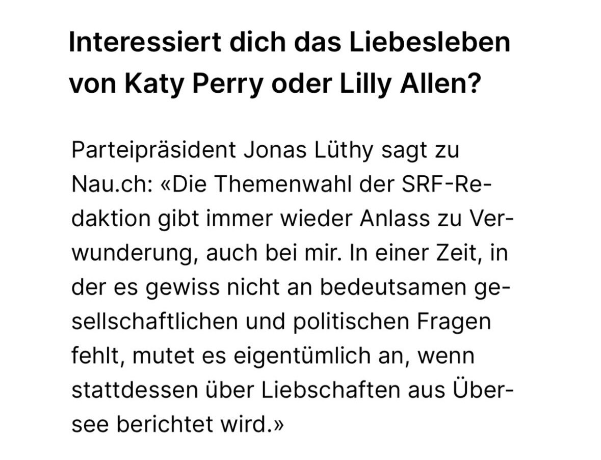 Das SRF sollte sich aus der Berichterstattung über Unterhaltung zurückziehen und sich auf News und Politik fokussiert. Die Unterhaltung soll aus dem Verfassungsauftrag für die SRG gestrichen werden.