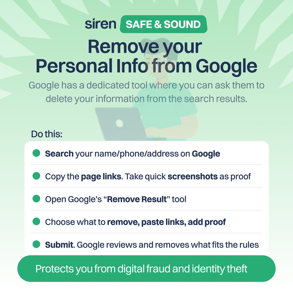 🚨Siren Safe &amp; Sound🚨
Delete your personal information and pictures from Google, or request that Google remove content that displays your personal information

Check how much of your personal data is exposed: joinsiren.com

Go to Google’s tool:
support.google.com/websearch/answ…