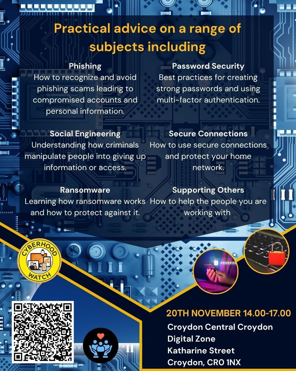 🛡️ FREE Cyber Security Training for frontline workers, volunteers &amp; VCS groups
with @ClearCommunityWeb &amp; @MetPoliceUK Cyber Protect team
📅 20th November 
⏰ 2pm-5pm
📍 Croydon Central Library
☕ Refreshments included 
Book now 👇 
shorturl.at/hFMC3 
#CyberSecurity #Croydon
