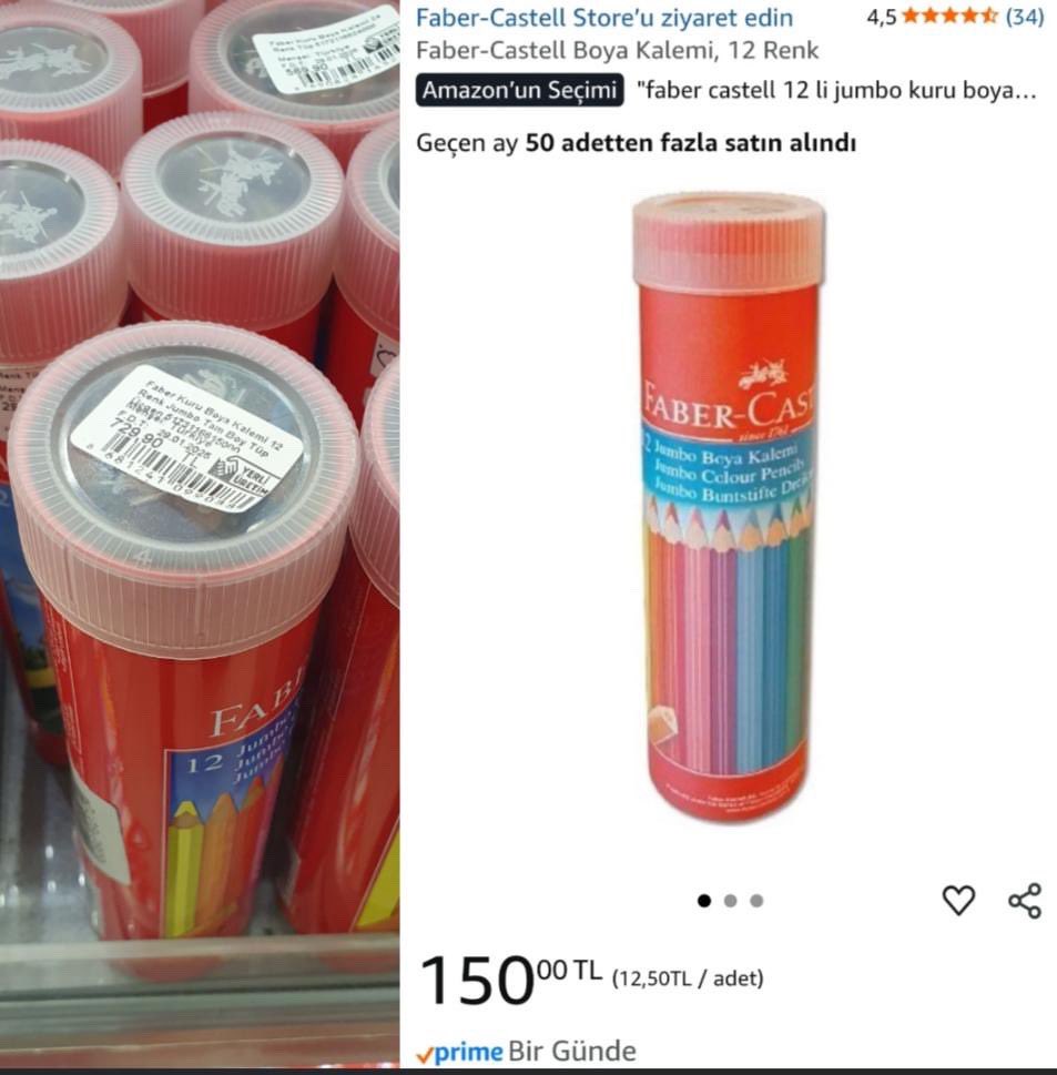Kırtasiye’de 729 TL olan ürün, Amazon’da 150 TL.