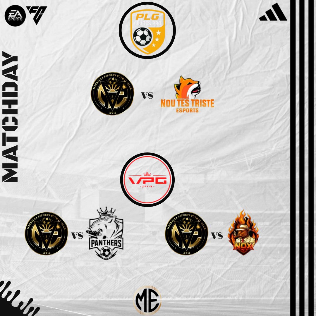 ⚪️⚫️ 𝑴𝒂𝒓𝒃𝒆𝒍𝒍𝒂 𝒆𝑺𝒑𝒐𝒓𝒕𝒔  ⚫️⚪️

#𝑴𝑨𝑻𝑪𝑯𝑫𝑨𝒀  | #𝐄𝐀𝐅𝐂𝟐𝟔  🏟️🎮⚽️
 
🏆 @PLGeFootBall 𝟯ª𝗗𝗶𝘃 (J12)
🆚 <a href="/noutestriste/">NouTesTriste eSports</a> 
⌚️ 𝟮𝟮:𝟰𝟬𝙃𝙧𝙨.

🏆 <a href="/VPG_Spain/">Virtual Pro Gaming España</a> 𝟮ª𝗗𝗶𝘃 (J23)
🆚 <a href="/PANTHERSeSp_/">𝐏𝐀𝐍𝐓𝐇𝐄𝐑𝐒 𝐞𝐒𝐩𝐨𝐫𝐭𝐬</a> 
⌚️ 𝟮𝟯:𝟬𝟬𝙃𝙧𝙨.

🏆 <a href="/VPG_Spain/">Virtual Pro Gaming España</a> 𝟮ª𝗗𝗶𝘃 (J24)
🆚 <a href="/NoxGaming_FC/">Nox Gaming FC</a> 
⌚️