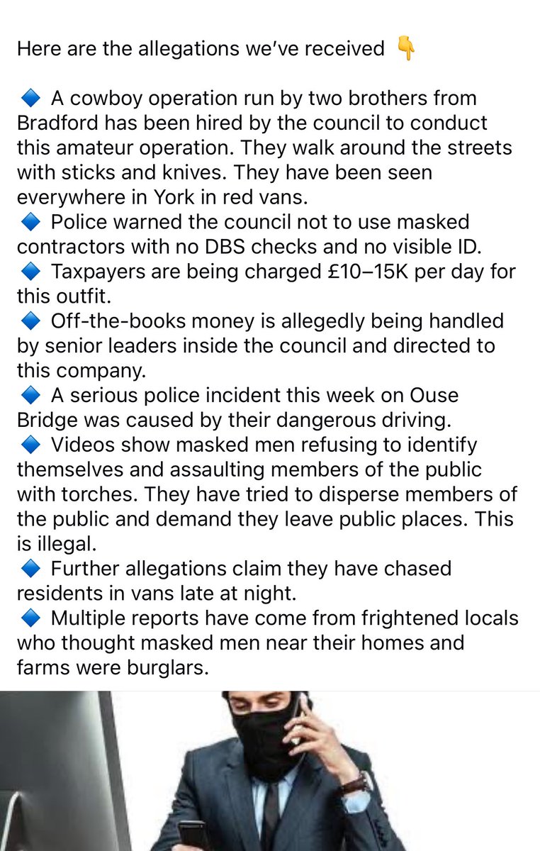 Allegations are here :

🚨 ALLEGATIONS THAT JOURNALISTS NEED TO INVESTIGATE 🚨

This whole masked-men nonsense is getting out of control, and it’s happening because Labour and Claire Douglas hate our country and our flags so much they would rather intimidate the public than act