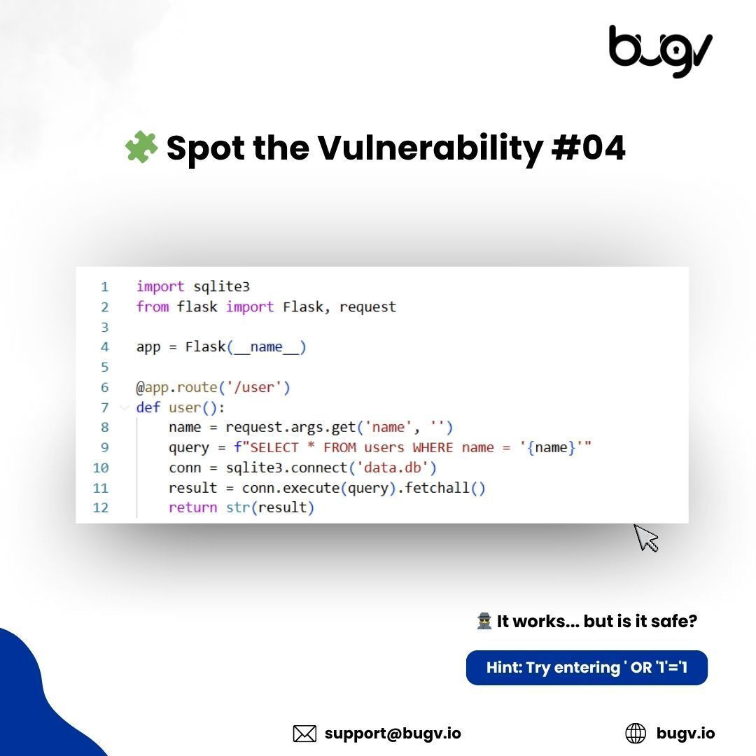 bugvsecurity's tweet image. 🚨 Spot the Vulnerability #04
This Flask route works until someone inputs &apos; OR &apos;1&apos;=&apos;1. 
Can you spot the flaw? 🤔

Reply with your answer.
#SQLi #AppSec #BugBounty