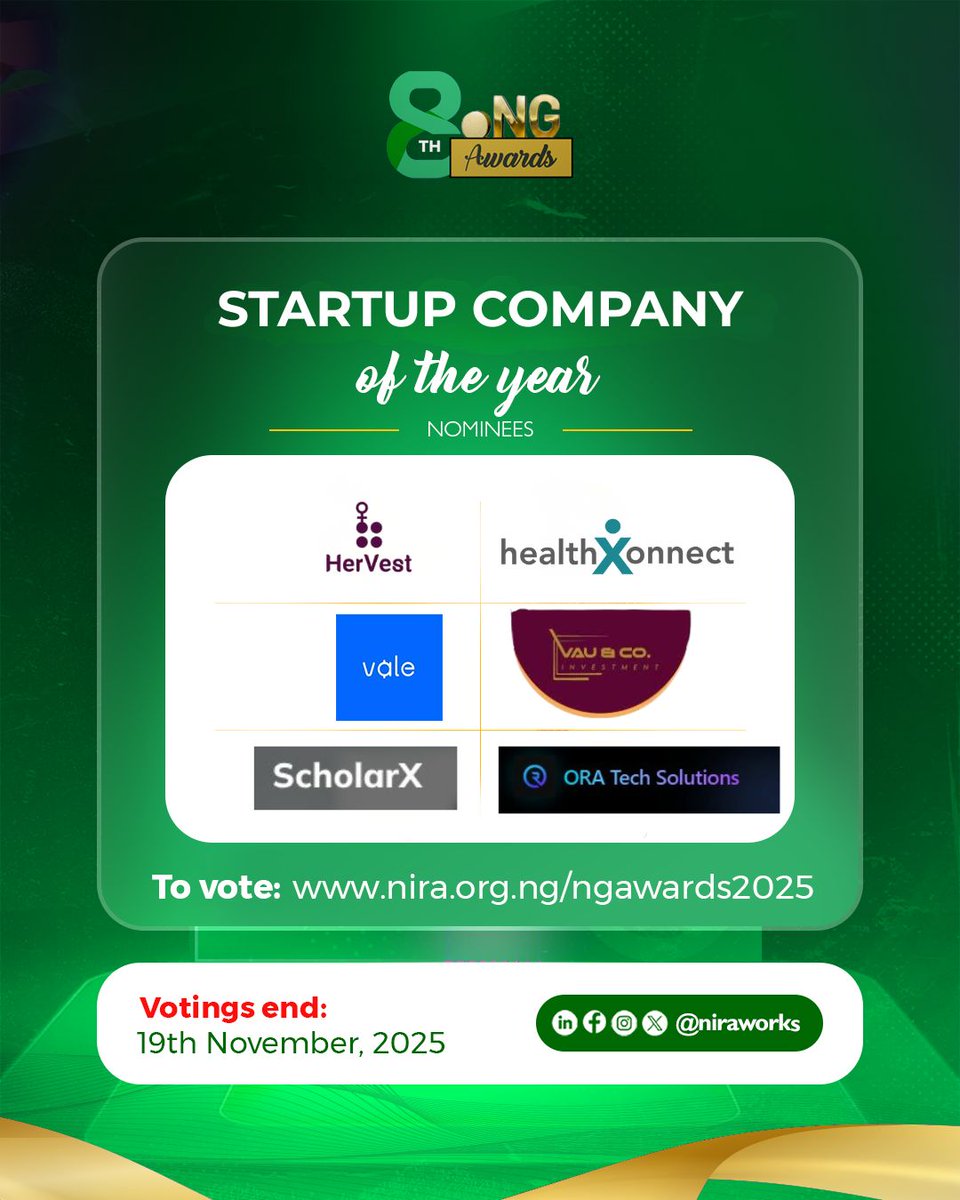 niraworks's tweet image. Meet the nominee organizations for the prestigious Startup Company of the Year category.

Health Connect Nigeria, @hervestng, @0RADEV, VAU &amp;amp; CO Investment, @getvaleapp  and ScholarX.

Vote your startup of 2025 nira.org.ng/ngawards2025