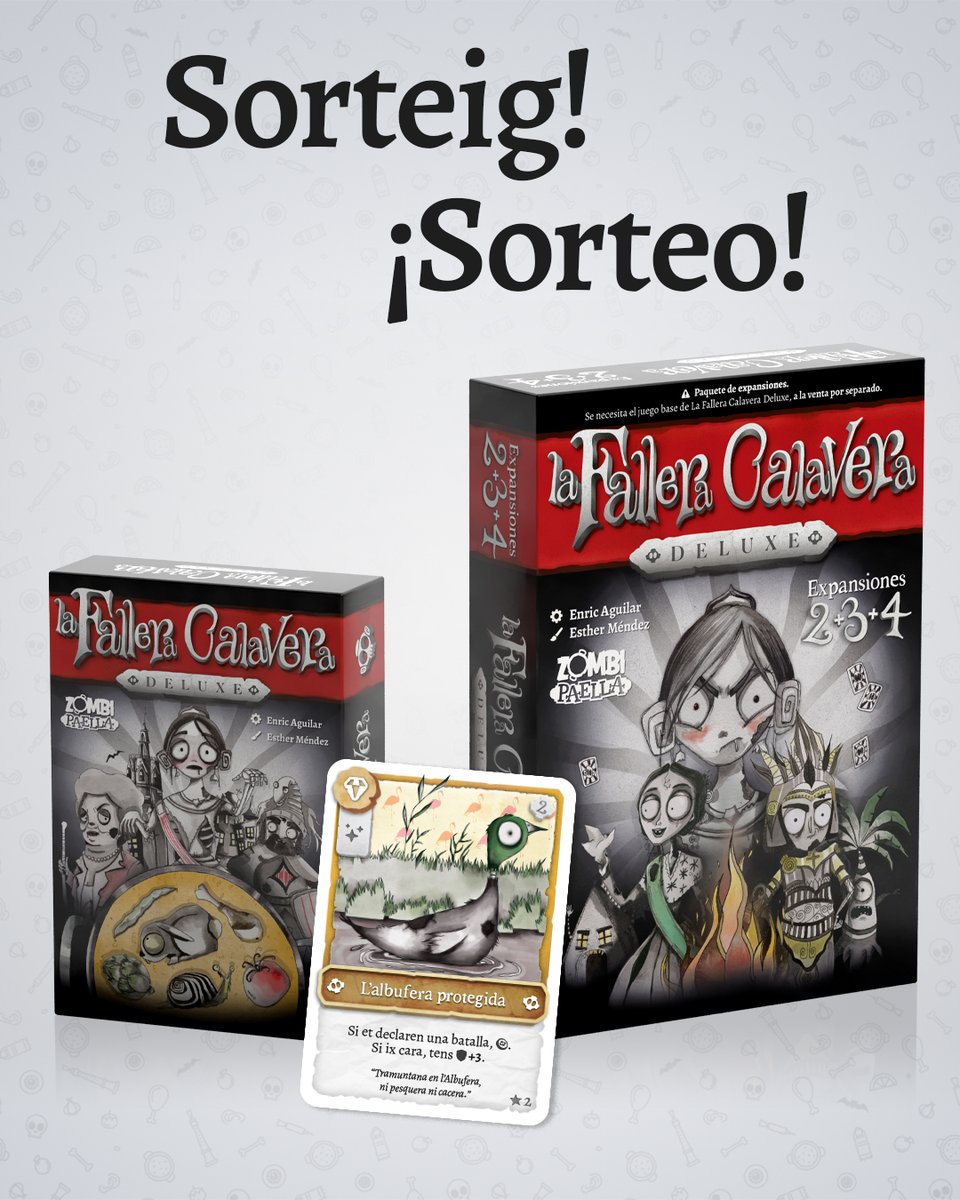 zombipaella's tweet image. 🎉 ¡SORTEO! 🎁
Gana nuestra novedad: el paquete de expansiones 2+3+4 de La Fallera Calavera Deluxe, el juego base y la carta promo de la Albufera Protegida.
1️⃣ Sigue a @zombipaella y @falleracalavera
2️⃣ Haz 🔁retweet y ❤️like
⏰ ¡Tienes tiempo hasta el 13/11 a las 23.59!
