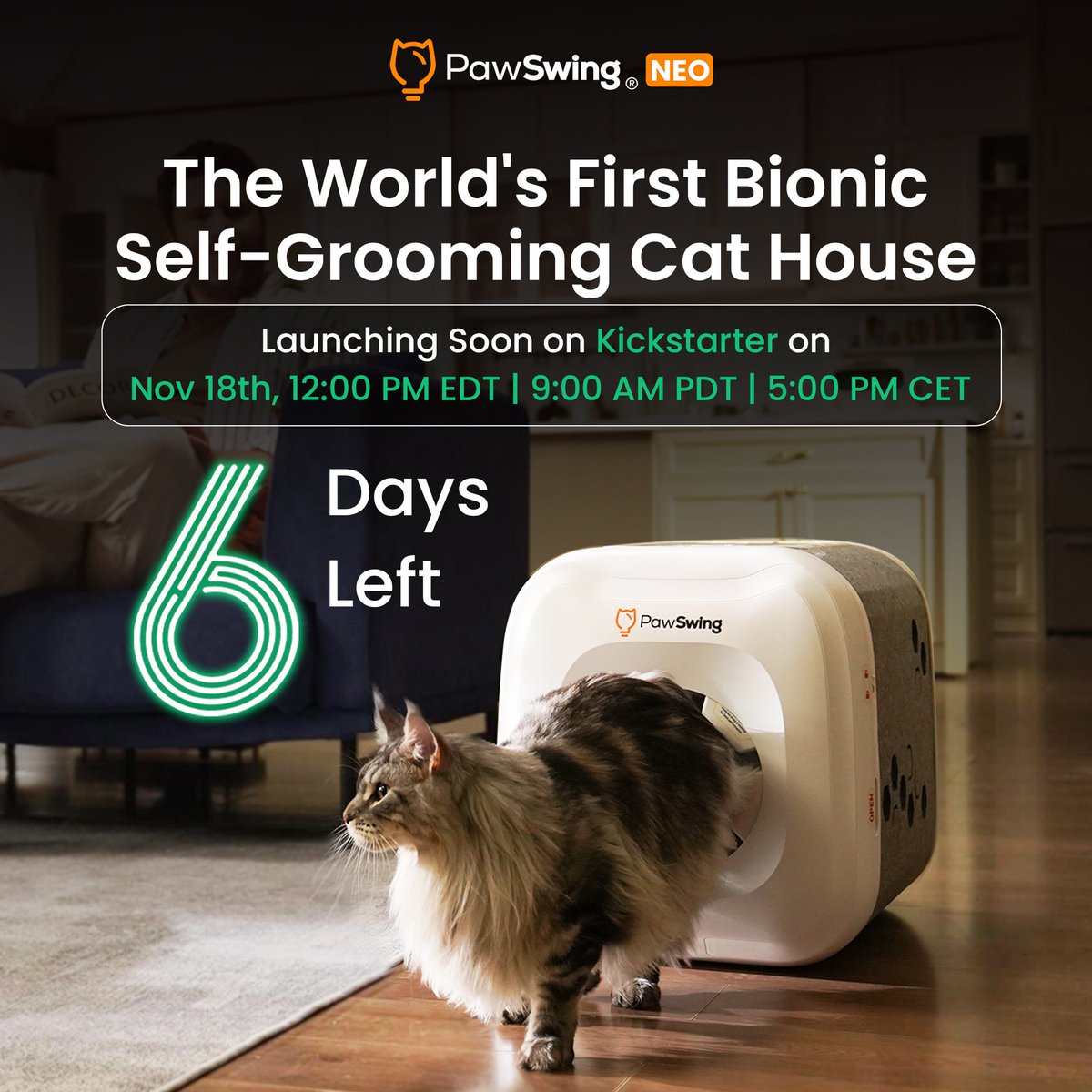 Pawswing's tweet photo. Only 6 days left till launch! 🚀
PawSwing Neo — the patented self-grooming cat house that feels just like mama cat’s gentle grooming 😻 — goes live on Kickstarter Nov 18! 🔗 Tap the link in bio to save your VIP deal. #PawSwingNeo #PawSwing https://t.co/tididcAEwX