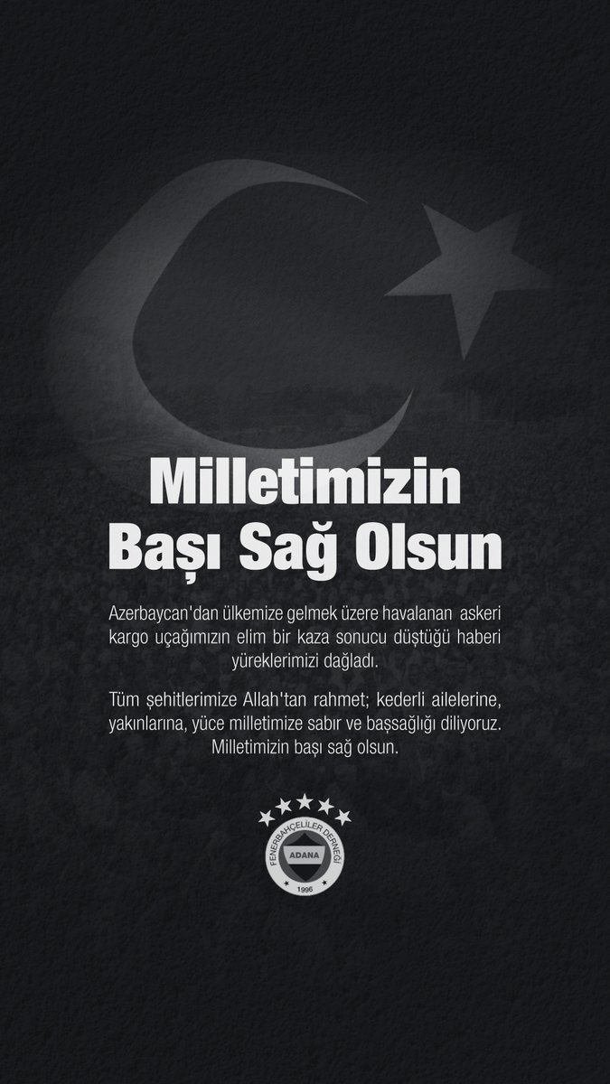 Azerbaycan'dan ülkemize gelmek üzere havalanan  askeri kargo uçağımızın elim bir kaza sonucu düştüğü haberi yüreklerimizi dağladı. Tüm şehitlerimize Allah'tan rahmet; kederli ailelerine, yakınlarına, yüce milletimize sabır ve başsağlığı diliyoruz. Milletimizin başı sağ olsun.