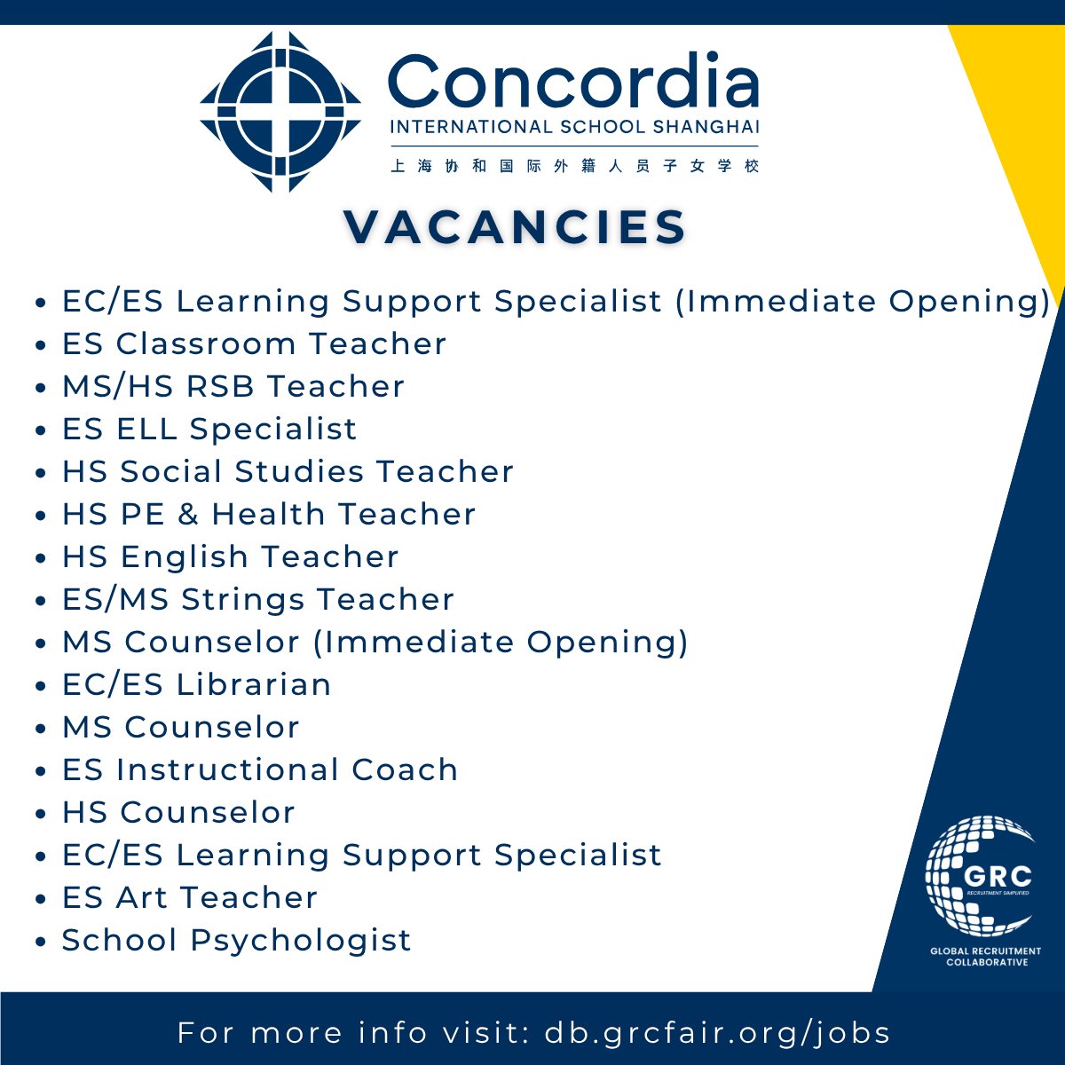 Dreaming of teaching in one of Asia’s most dynamic cities?

Concordia International School Shanghai Official International School Shanghai is hiring talented educators who believe in excellence, compassion, and global learning.

Visit db.grcfair.org/jobs for more.