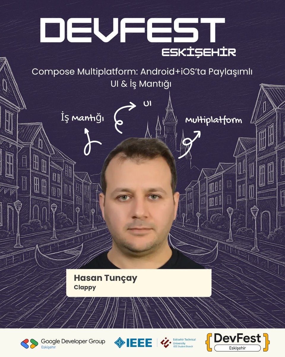 🚀DevFest Eskişehir 
Clappy'den Hasan Tunçay, "Compose Multiplatform: Android+iOS'ta Paylaşımlı UI &amp; İş Mantığı" başlıklı sunumuyla bizlerle olacak. 
Kayıt Linki: kommunity.com/gdg-eskisehir/…