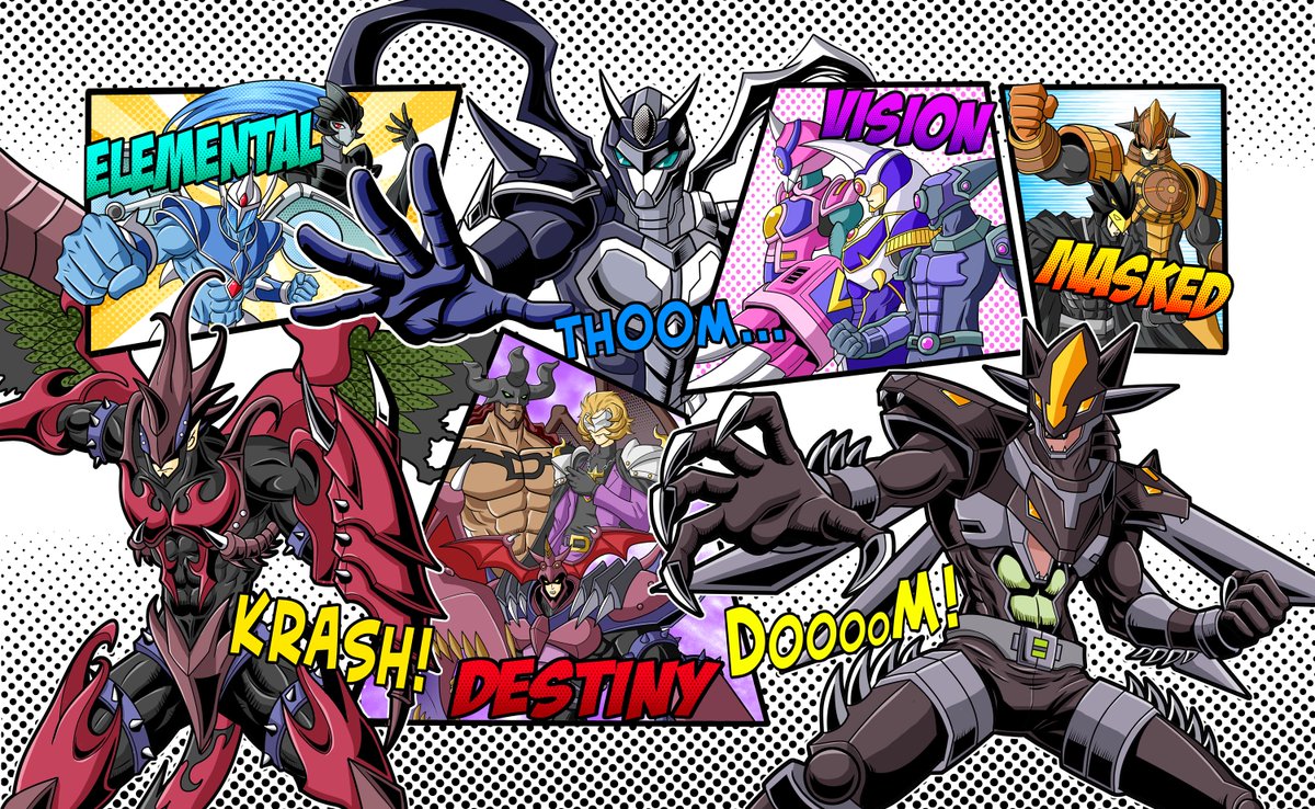 １度くらいHEROでプレマを作ってみたくて、
現代HERO集合絵を描きました。
「アメコミ風」ってやつをリベンジしたつもりですが、
リベンジ…できてるか…？？🤔
#OCGファンアート