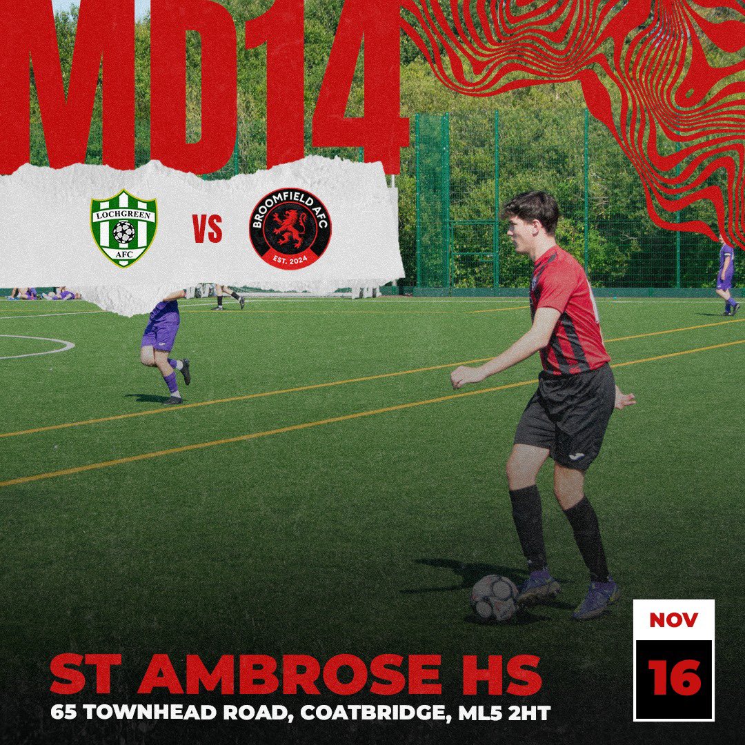 A&amp;C Premiership

Lochgreen AFC vs Broomfield AFC

Sunday 16th November, 1pm ko, St Ambrose HS. 

Find yourself free this Sunday? Tag along &amp; support the lads as we look to continue building momentum. 

MonTheBroomy⚫️🔴

<a href="/scottish_aff/">AmateurFixturesResultsSCO</a>
