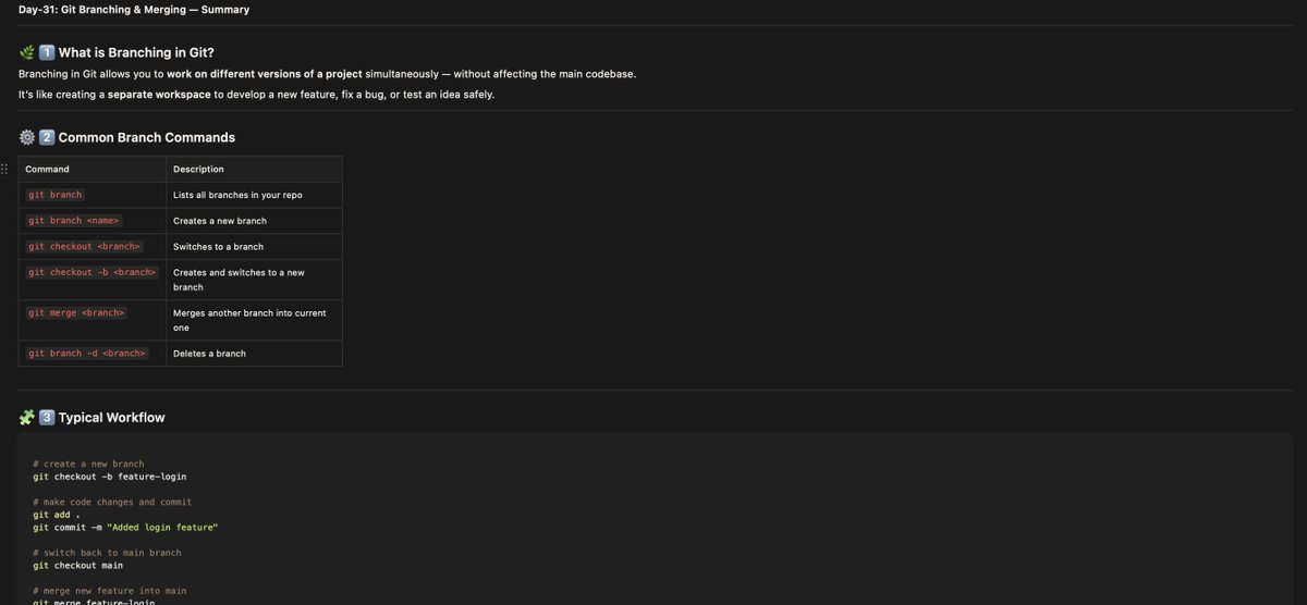 cloudinsteps's tweet image. Day31: Git Branching &amp;amp; Merging

Summary:
git branch – create &amp;amp; switch workspaces
merge – combine branches
rebase – clean linear history
Merge = safe | Rebase = clean
#Git #DevOps  #LearnGit #devopspipeline #GitHub 

RoadMap:in.docworkspace.com/d/cIMLXosfHAoL…

Notes:notion.so/Day-31-Git-Bra…