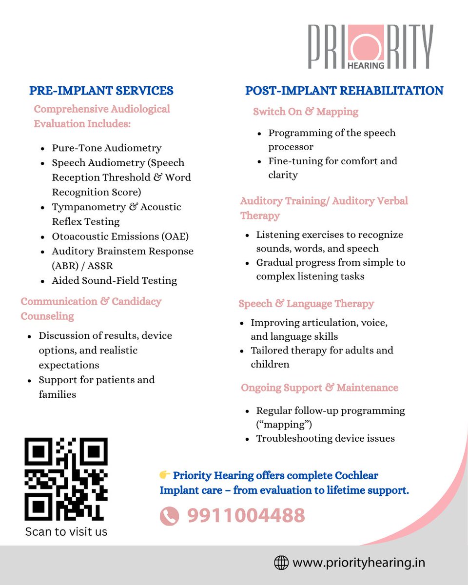 PriorityPHC's tweet image. When hearing aids aren’t enough, Cochlear Implants can make a world of difference. At Priority Hearing, we provide complete care — from evaluation to lifetime support. 💙
📞 9911004488
#CochlearImplant #PriorityHearing #HearingCare #BetterHearingBetterLife
