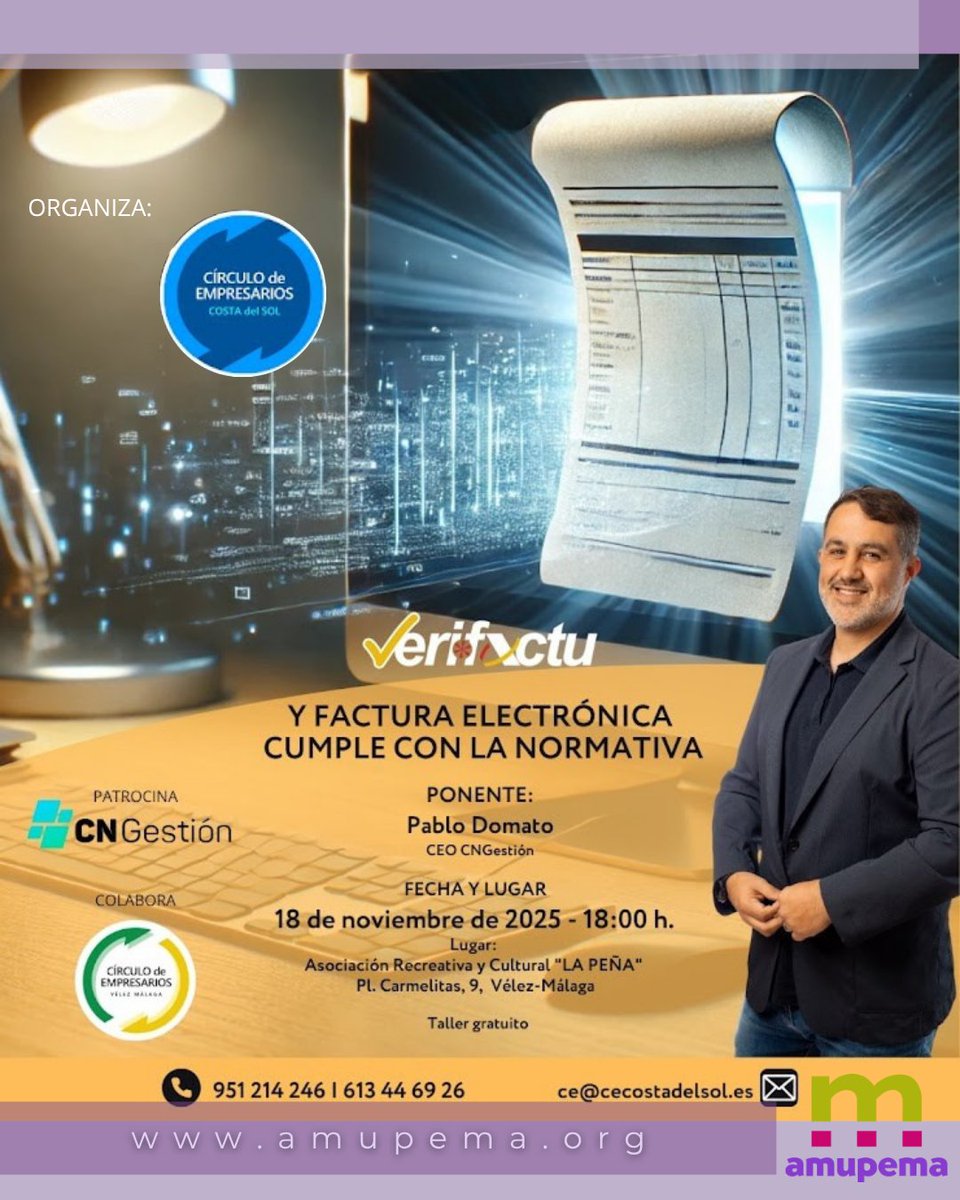 El Círculo de Empresarios de la Costa del Sol, te invita a un taller práctico donde aprenderás cómo cumplir con Verifactu y transformar este cambio en una oportunidad para tu empresa.

Inscríbete en: forms.gle/DVTV3LjNT11Cgr… 

#empresarias #emprendedoras #FacturacionElectronica