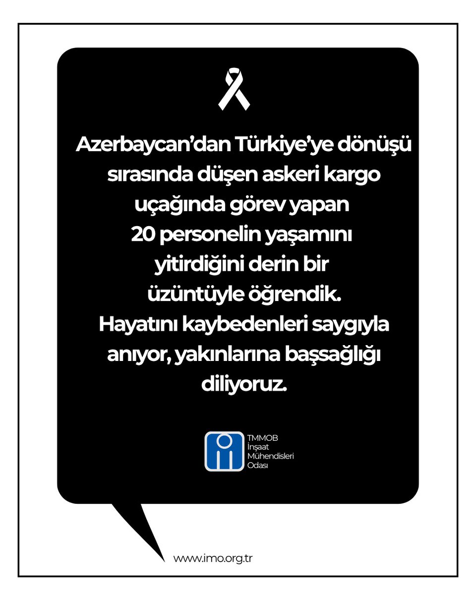 ⚫️Azerbaycan’dan Türkiye’ye dönüşü sırasında düşen askeri kargo uçağında görev yapan 20 personelin yaşamını yitirdiğini derin bir üzüntüyle öğrendik.
Hayatını kaybedenleri saygıyla anıyor, yakınlarına başsağlığı diliyoruz.