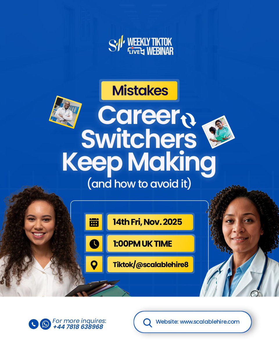 Scalablehire's tweet image. Thinking of switching careers? Many people make small mistakes that delay their progress.

Join us this Friday, 14th Nov 2025 at 1PM UK time on TikTok Live (@scalablehire8) as we share the common mistakes career switchers make — and how to avoid them.