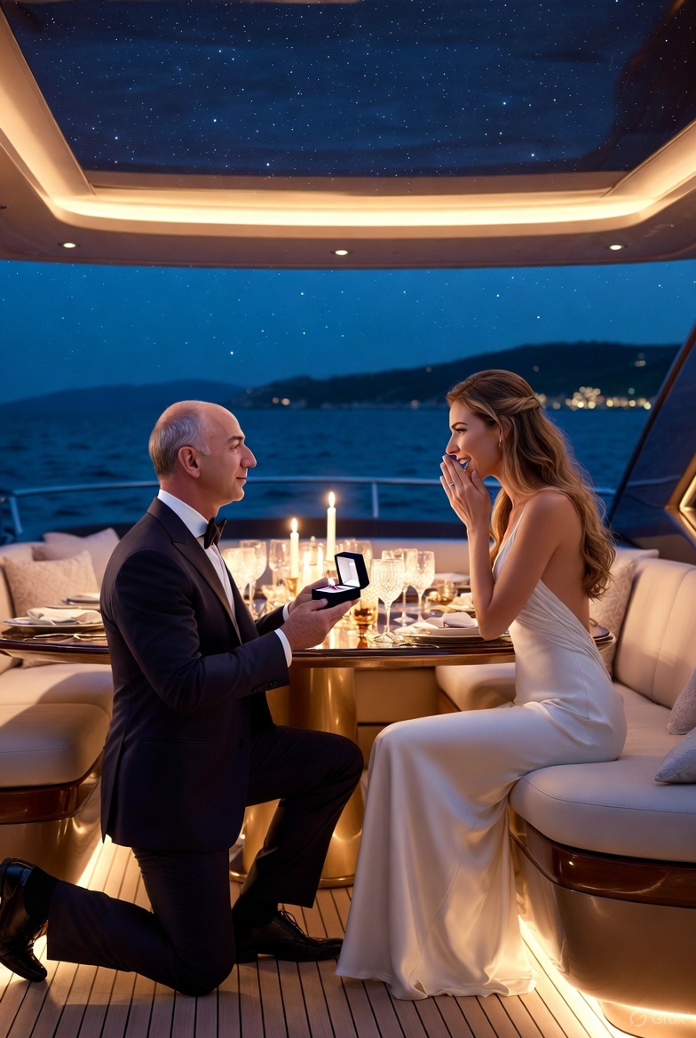 Gynocentrism's tweet photo. Jeff Bezos proposed marriage on one knee. In May 2023, he proposed to his fiancée Lauren Sánchez during a romantic vacation in the South of France, getting down on one knee aboard their superyacht Koru after a starlit dinner.

#Vassal #LoveService #Genuflection #RomanticLove https://t.co/JCrH4MiAX5