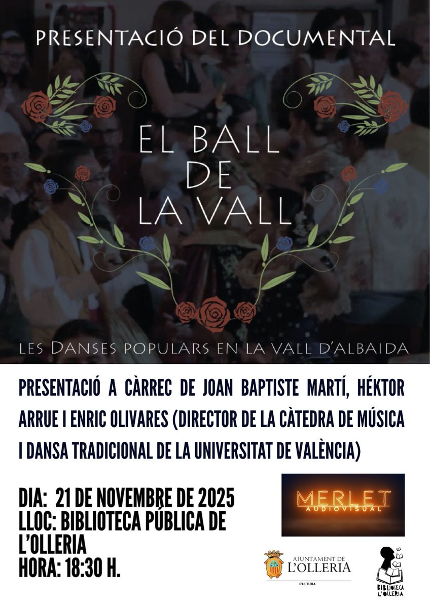 El divendres 21 de novembre a les 18:30 h. tindrem a la Biblioteca Pública de L'Olleria la presentació del documental "El ball de la Vall" a càrrec dels productors i acompanyats del professor de la UV Enric Olivares. I informar-vos del tancament de la vesprada del divendres 14.