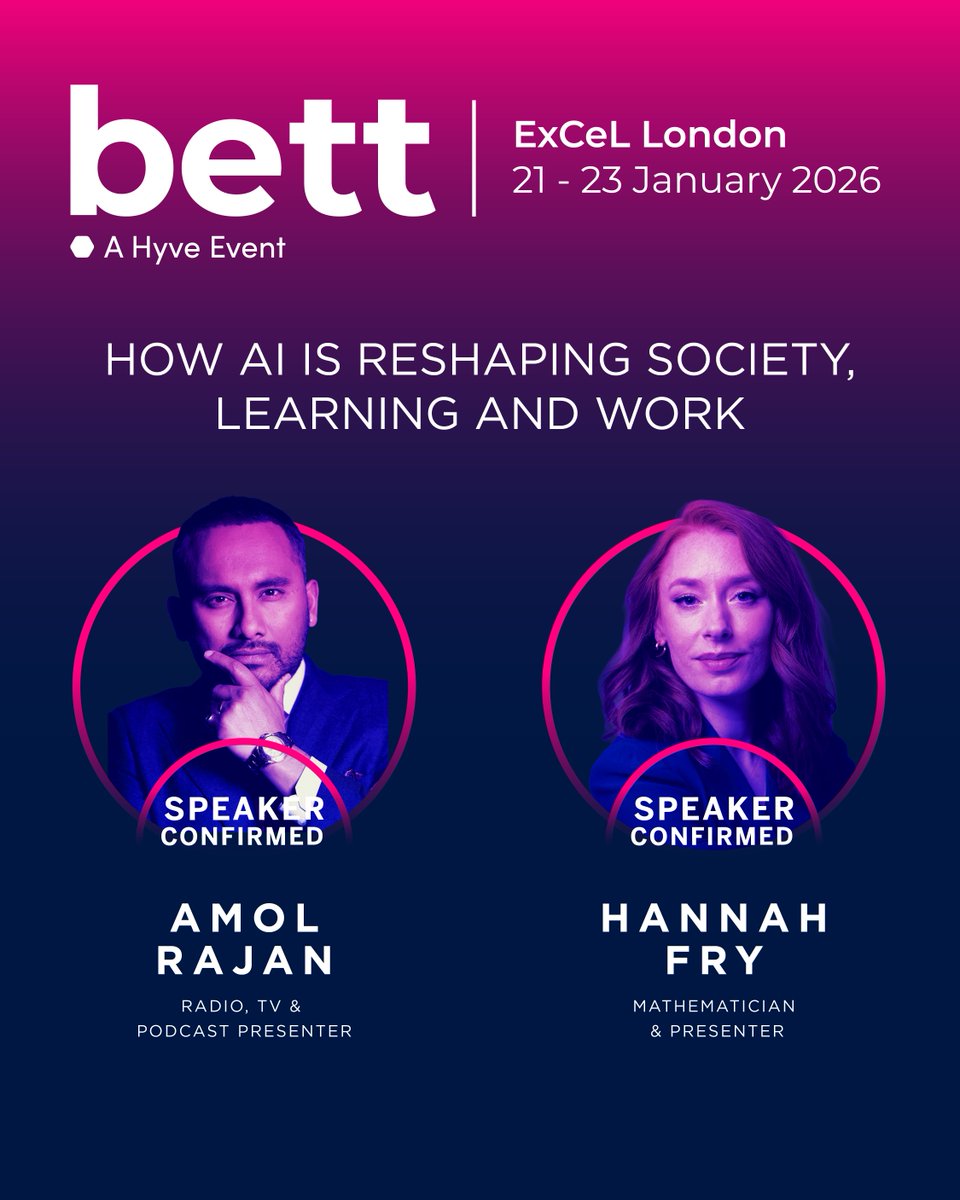 Bett_show's tweet image. KEYNOTE SPEAKERS JUST DROPPED!📣🙌🚨

Join Hannah Fry and Amol Rajan in The Arena for an exciting session on how AI is reshaping society, learning and work.  

Get your FREE ticket 👉eu1.hubs.ly/H0pxYQV0

#BettUK2026