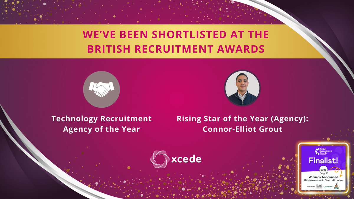 XcedeTech's tweet image. We’re looking forward to attending the British Recruitment Awards tonight, where we’re nominated across 2 categories:
🏆 Xcede – Technology Recruitment Agency of the Year
🌟 Connor Elliot-Grout – Rising Star of the Year

#BritishRecruitmentAwards #techrecruitment #finalist