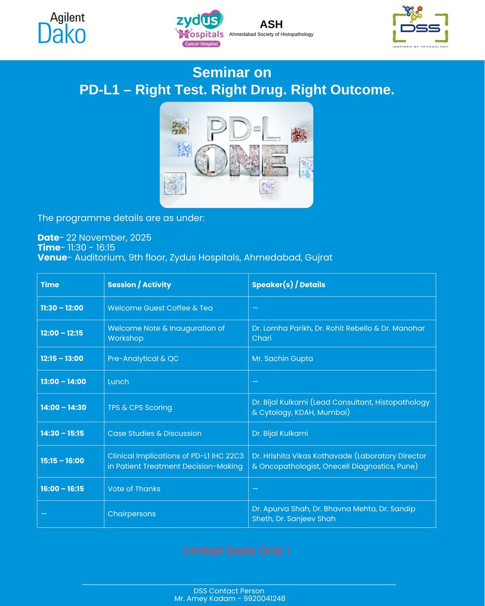 DSSImagetech's tweet image. Seminar on PD-L1 - Right Test. Right Drug. Right Outcome.
Date: 22 November 2025
Time: 11:30 AM - 4:15 PM
Venue: Auditorium, 9th Floor, Zydus Hospitals, Ahmedabad, Gujarat

Registration Link - docs.google.com/forms/d/19FwBd…

#DSS #inspiredbytechnology #PDL1 #Oncology #Diagnostics