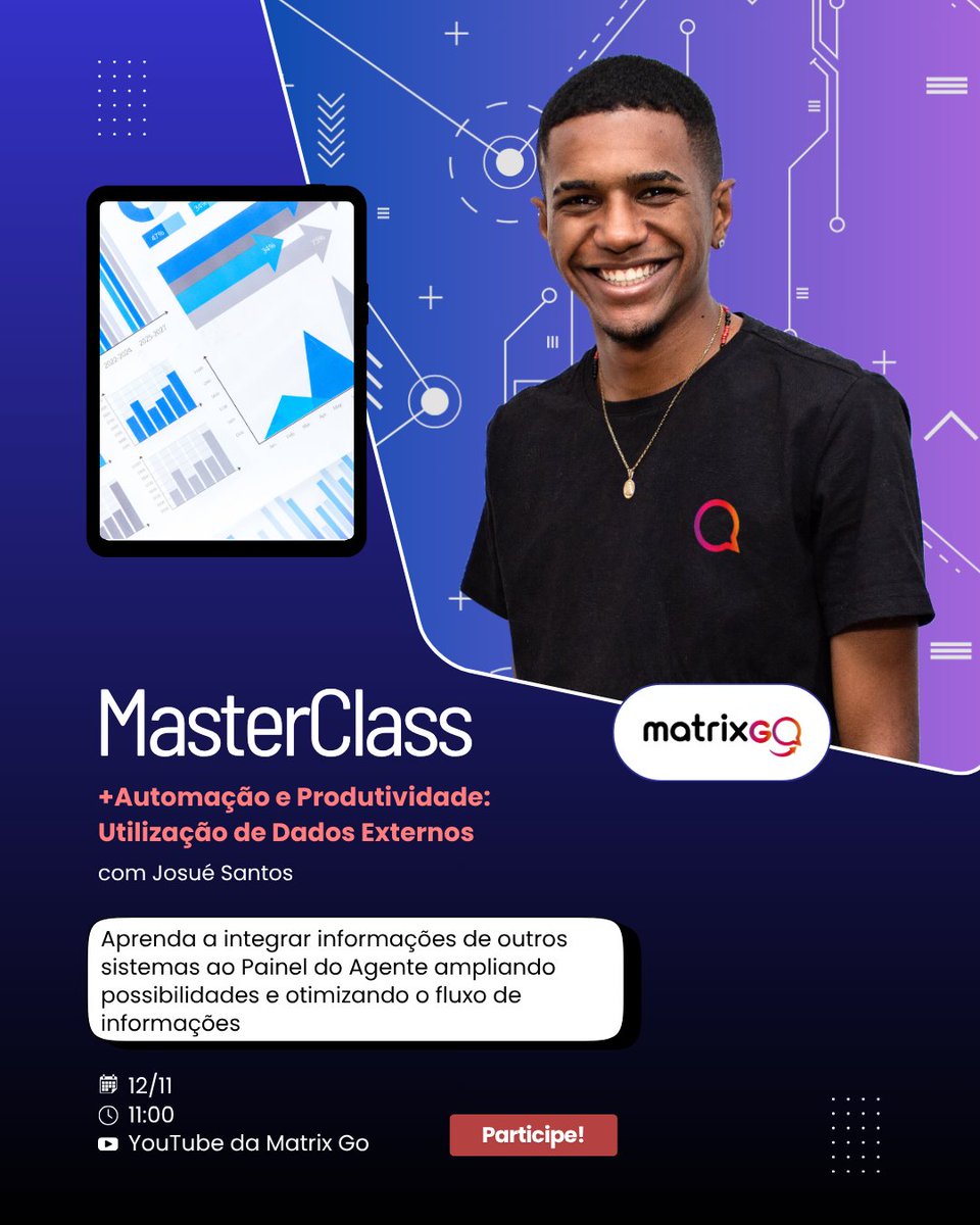 Matrix__go's tweet image. A Matrix Go segue com as Masterclasses semanais de Chatbots &amp;amp; IA | Operação — conteúdo prático para aplicar no dia a dia.
Masterclass — +Automação e Produtividade: Utilização de Dados Externos
Com Josué Santos
📆 12/11 • 🕚 11h
📍 YouTube da Matrix Go: hubs.ly/Q03SzncT0