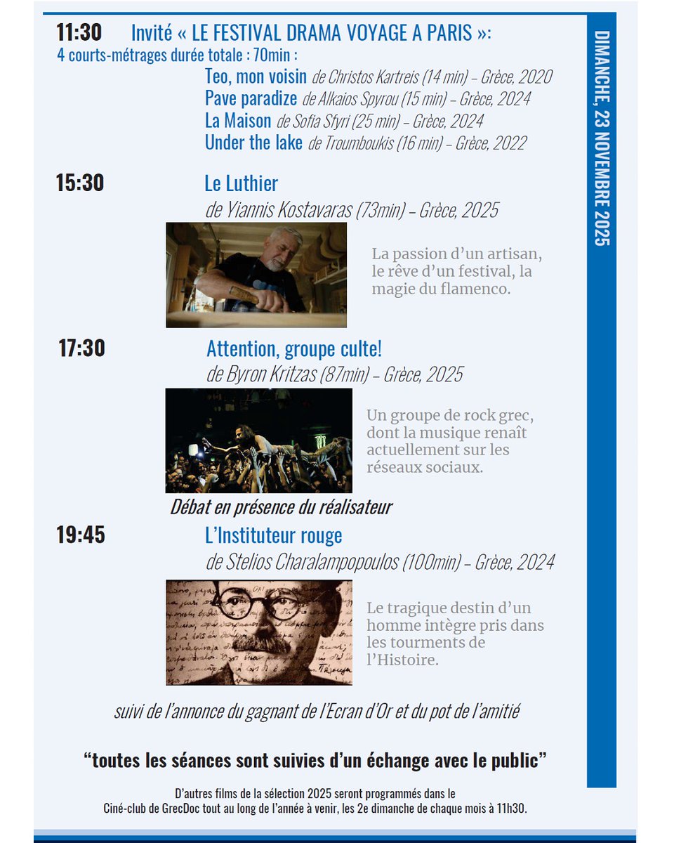 GreceParis's tweet photo. 🎬 7ème édition du Festival européen de documentaires grecs #GrecDoc - @EcransdesMondes
📅21, 22 et 23 novembre 2025
📍Cinéma le Grand Action
5 rue des Ecoles - 75005 Paris
👉https://t.co/cAnRieFRSU https://t.co/CUd0hCZoXZ
