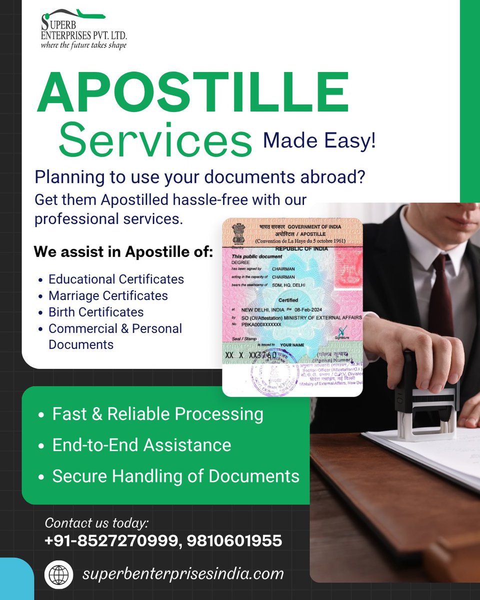 seplgroup's tweet image. From educational to personal certificates, we handle your Apostille process quickly, securely, and hassle-free, so you can focus on your international goals.
Call us: +91-11-41855999 | 🌐 superbattestation.com&quot;

#superbenterprises #legaldocuments #apostilleservices