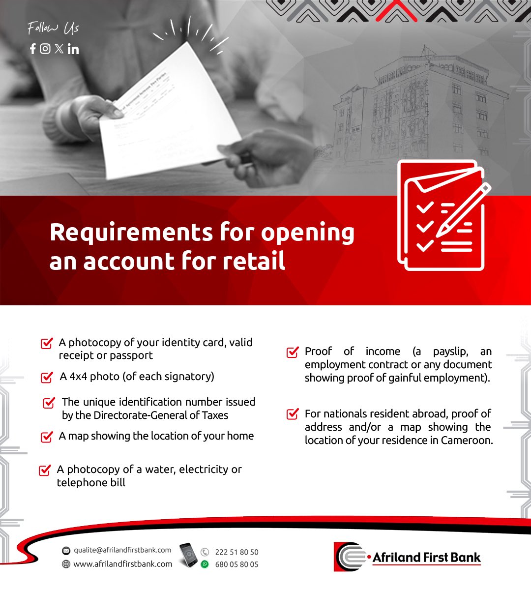 Afriland_CMR's tweet image. Need to open an account at Afriland First Bank?
Just gather the required documents and join the First Bank family with ease. 

#AfrilandFirstBank #OpenAnAccount #TrustedBank #SimplifyYourFinances #FirstBankExperience #CameroonBank