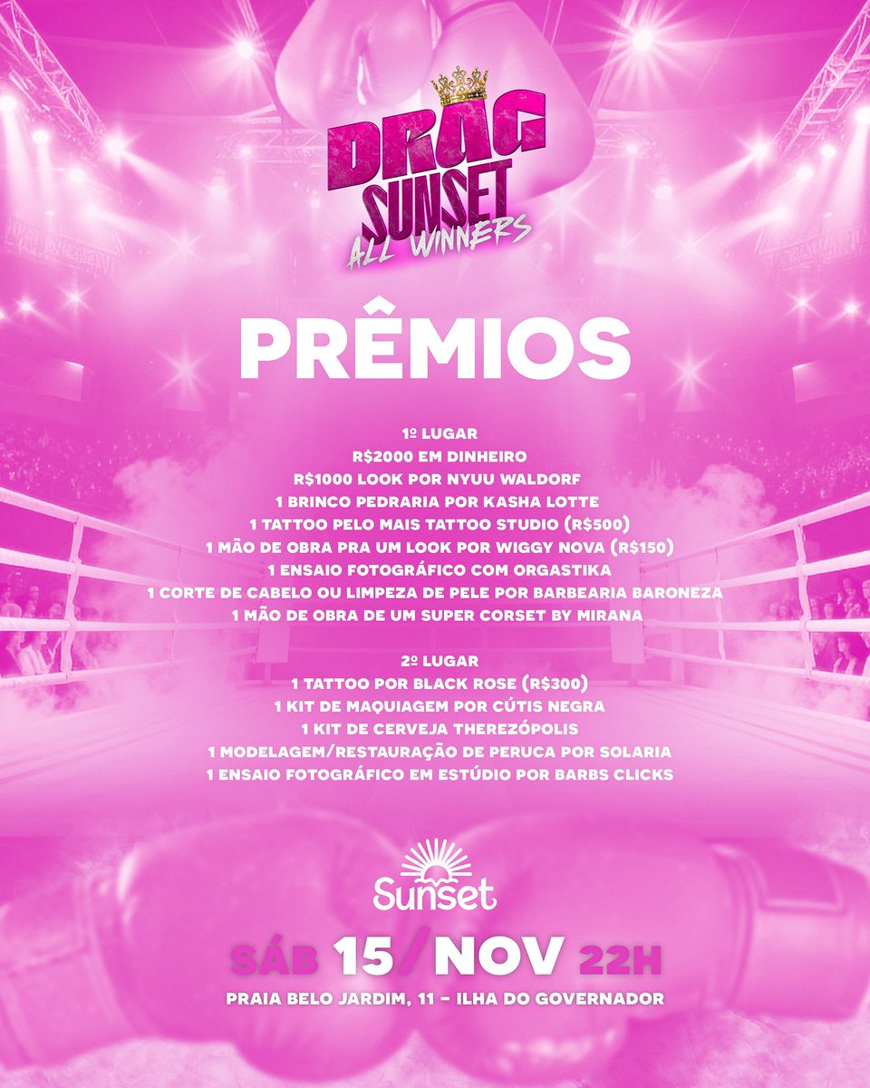 ByronTeixeira's tweet photo. Sábado rola a 1ª etapa do All Winners do Drag Sunset
Dessa vez o prêmio é de r$2000 em dinheiro e vários outros prêmios dos nossos patrocinadores que fazer o rolê continuar acontecendo 
Os ingressos já estão a venda e contamos com a presença de vocês para essa noite histórica 💜 https://t.co/5bjTwVwiRC
