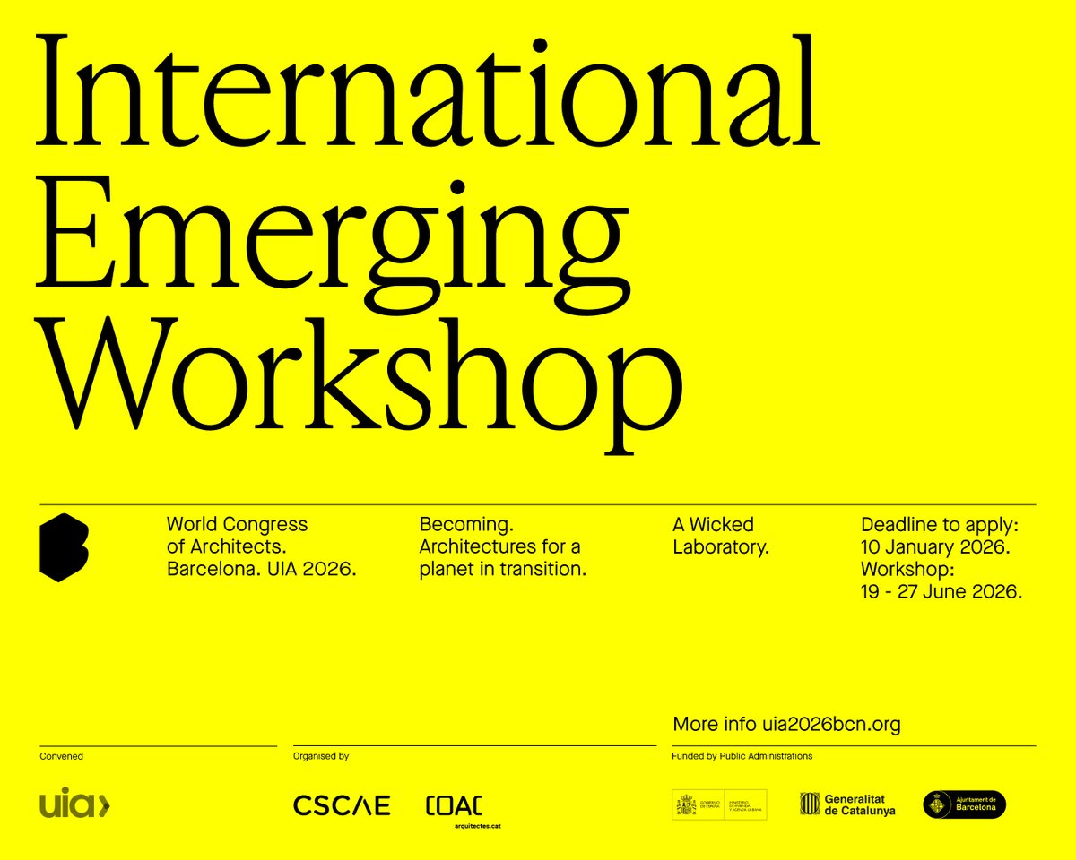 CSCAE's tweet image. El Congreso Mundial de Arquitectos de la UIA 2026 Barcelona #UIA2026BCN lanza el &apos;International Emerging Workshop&apos;, del 19 al 27 de junio de 2026, dirigido por doce estudios emergentes de arquitectura.

¡Inscríbete antes del 10 de enero!

Más información:
cscae.com/index.php/csca…