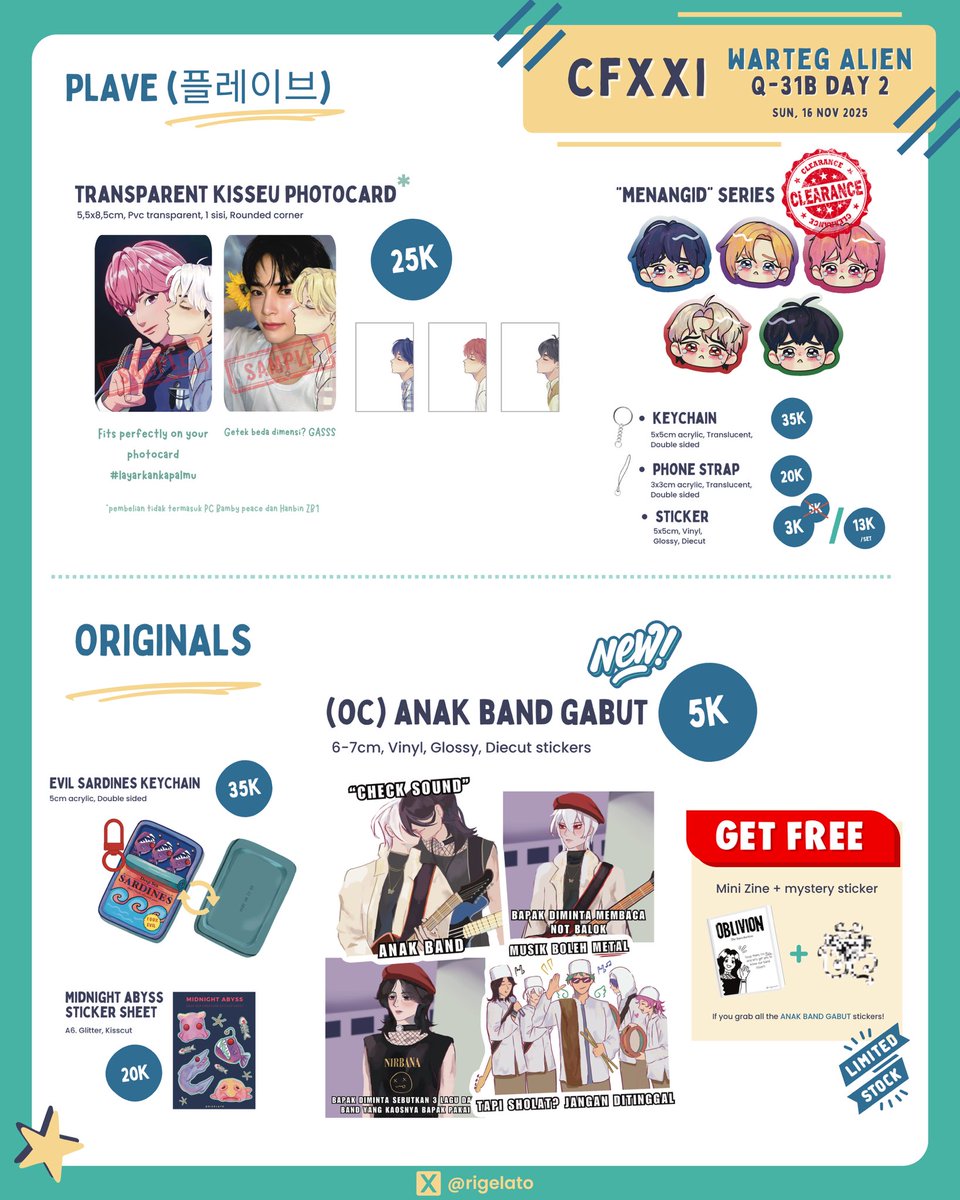 [❤️ and 🔁 are appreciated!]

Rigelato’s #CF21 OTS Catalogue

🗓️ 16 Nov 2025 (Day 2)
📍 Warteg Alien Q-31B
⭐️ TSHD, Ensemble Stars, PLAVE, OC

Booth location and trade check thread^^

#cf21catalogue #Comifuro21