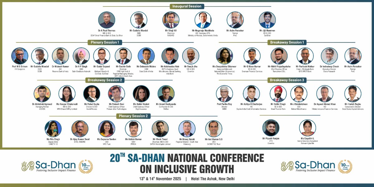 As we gear up for the 20th Annual National Conference on Inclusive Growth 2025, Sa-dhan would like to express its gratitude to all the speakers of Day 1 for their steady support.
🗓 Nov13 &amp; 14, 2025
📍The Ashok Hotel, New Delhi
➡ Hurry and register …er.nationalconference2025.sa-dhan.net

#SRO