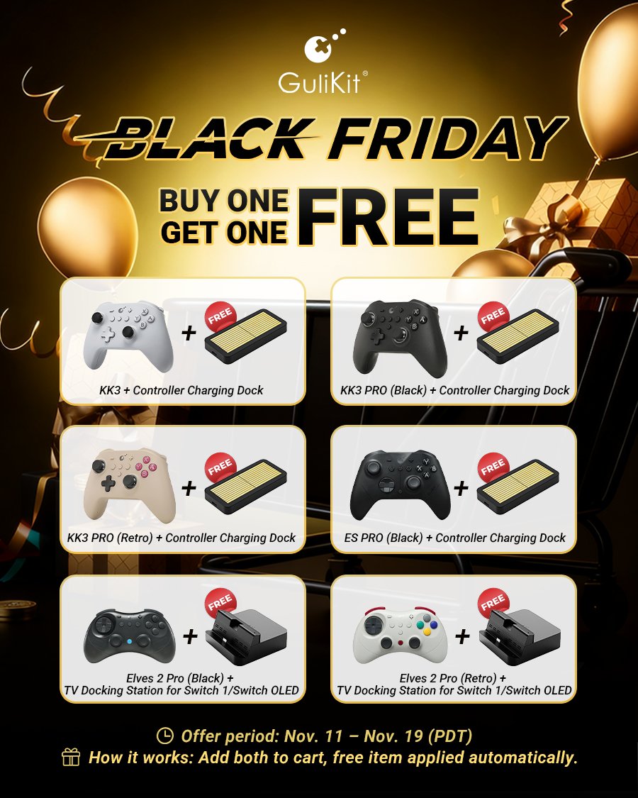 GuliKitDesign's tweet image. 🎮 Black Friday Special on Amazon US: Buy One, Get One FREE! 🖤 
For a limited time, buy any eligible GuliKit controller on Amazon US and receive a GuliKit gaming accessory for free.

🗓️ Offer period: Nov. 11 – Nov. 19 (PDT)
👉 How it works: Add both eligible items from the pair…