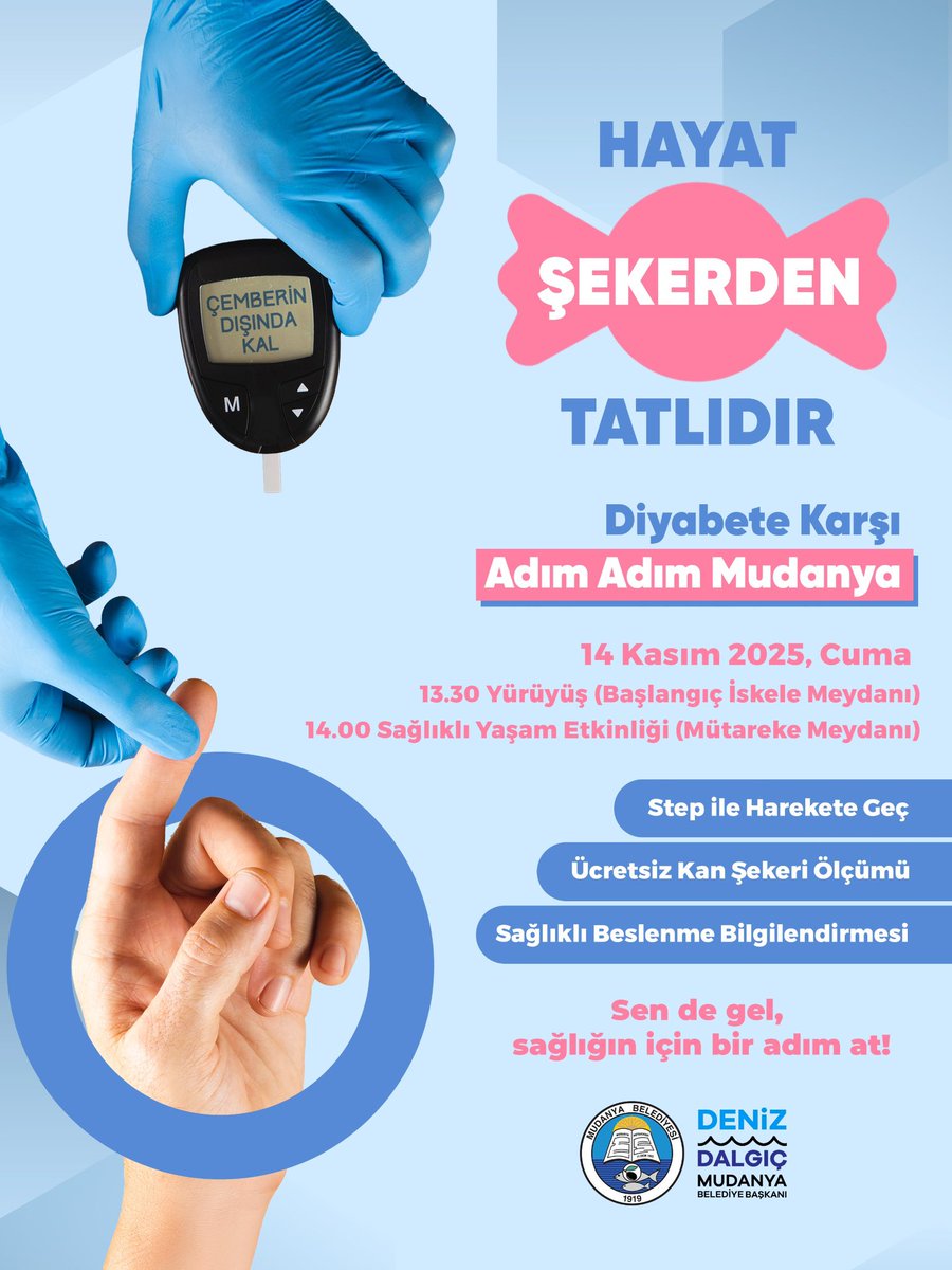 14 Kasım Dünya Diyabet Günü’nde diyabete dikkat çekmek için buluşuyoruz.
Farkındalık yürüyüşünün ardından sağlıklı beslenme konusunda bilgilendirme ve ücretsiz kan şekeri ölçümü yapılacak. Step aerobik etkinliğiyle de sağlıklı yaşama adım atacağız.